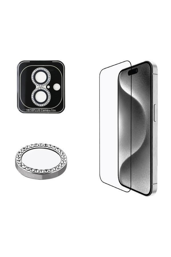 Guess İphone 16 Lisanslı Rhinestone Ekran Ve Taşlı Lens Koruyucu 2'Li Aksesuar Seti Gümüş - Image 1