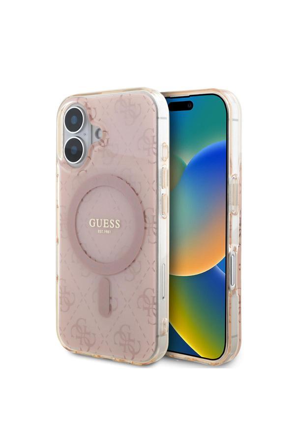 Guess İphone 16 Kılıf Lisanslı Magsafe Özellikli Iml Baskılı Klasik Logolu 4G Desenli Pembe - Image 1