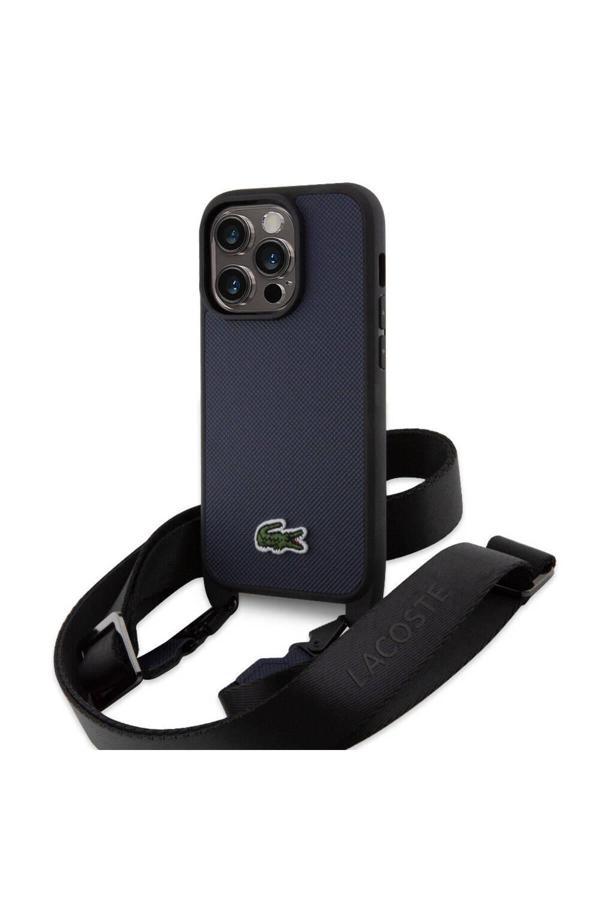 Lacoste İphone 14 Pro Kılıf Lisanslı Pu Pike Desen Askılı İkonik Timsah Dokuma Logo Lacivert - Image 1