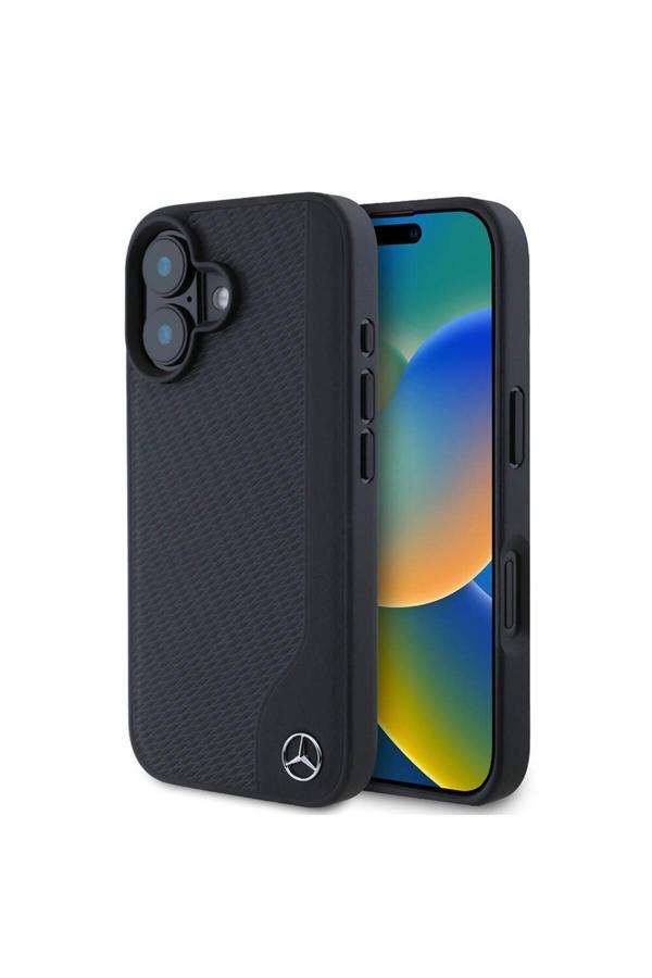 Mercedes Benz İphone 16 Kılıf Lisanslı Magsafe Özellikli 3D Metal Logolu Wood Imitation Deri Siyah - Image 1