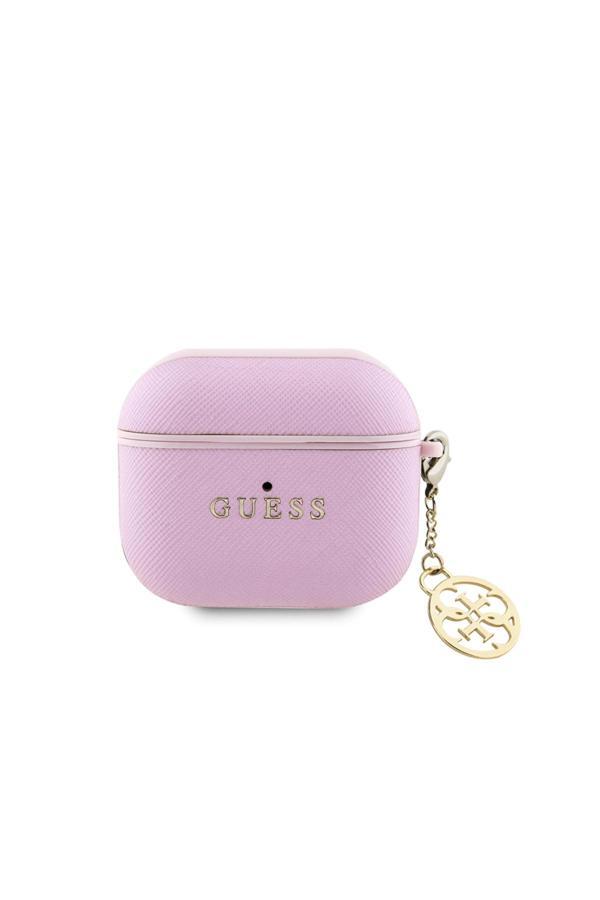 Guess Airpods 3.Nesil Uyumlu Kılıf Lisanslı Dokulu 4G Yuvarlak Charm Saffiano Kılıf Pembe - Image 1