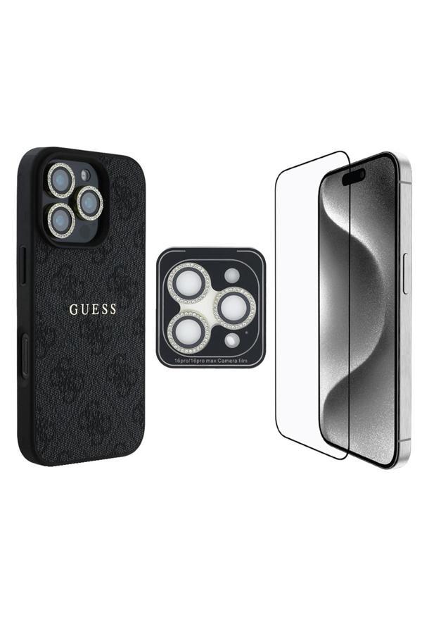 Guess İphone 16 Pro Uyumlu Lisanslı Kılıf + Ekran Koruyucu + Lens Koruyucu 3İn1 Aksesuar Seti Siyah - Image 1