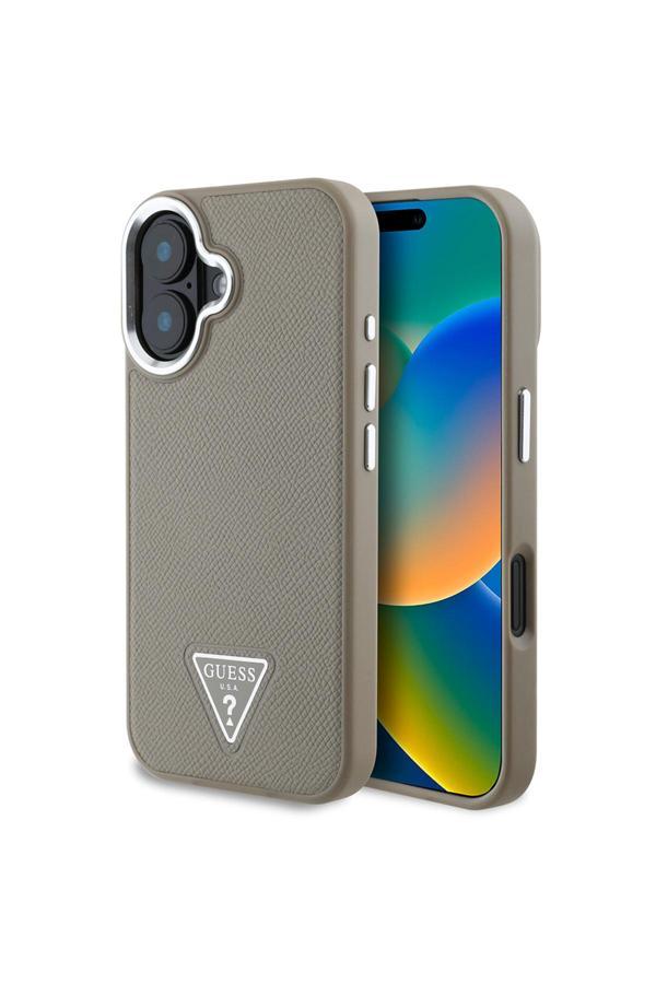 Guess İphone 16 Plus Kılıf Lisanslı Magsafe Şarj Özellikli Grained Triangle Kapak Kahverengi - Image 1