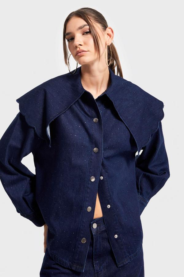 Kadın Laci İndigo Renk 7w5-50 Bol Kesim Yaka Detaylı Parlak Taşlı Özel Tasarım Denim Gömlek - Image 1
