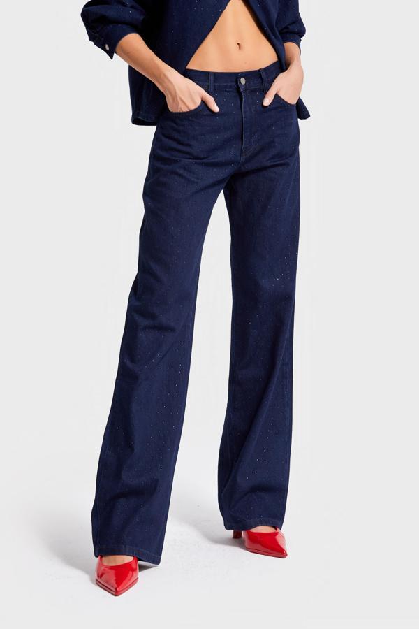 Kadın Laci İndigo Renk 7w5-50 Loose Fit Parlak Taş Detaylı İç Boy 80cm Özel Tasarım Denim Jean - Image 1