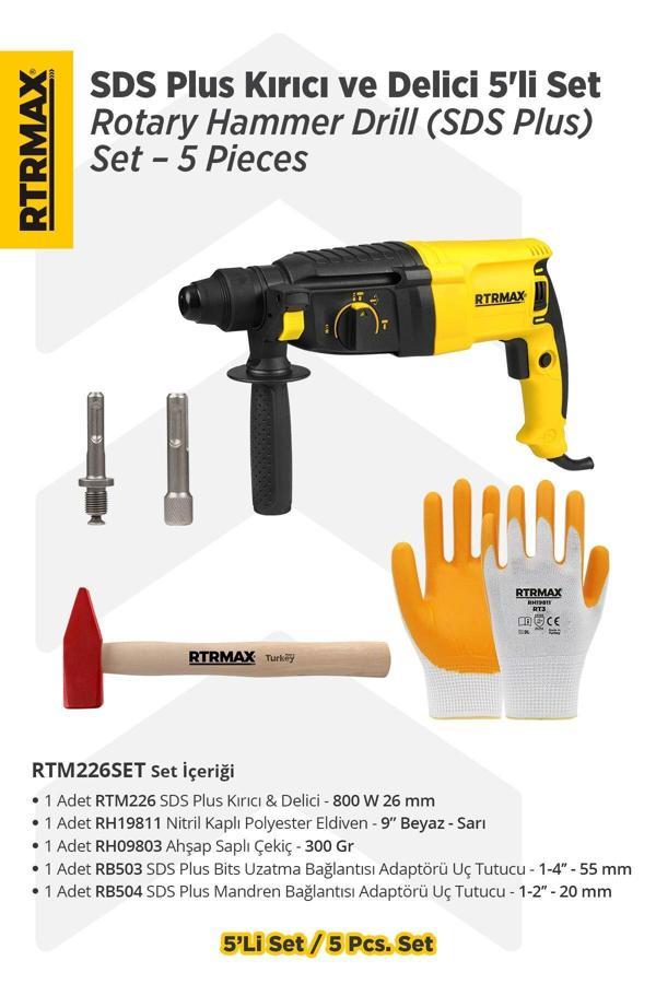 RTM226SET Sds Plus Kırıcı ve Delici 5'li Set - Eldiven-Çekiç-Uç Tutucu - Image 1