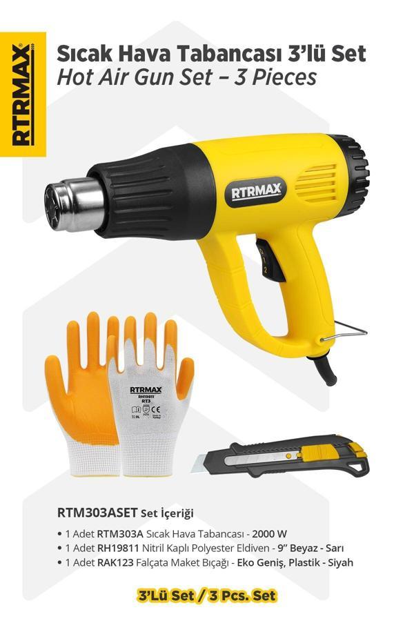 RTM303ASET Sıcak Hava Tabancası 2000 W 3'lü Set - Eldiven-Falçata Maket Bıçağı - Image 1