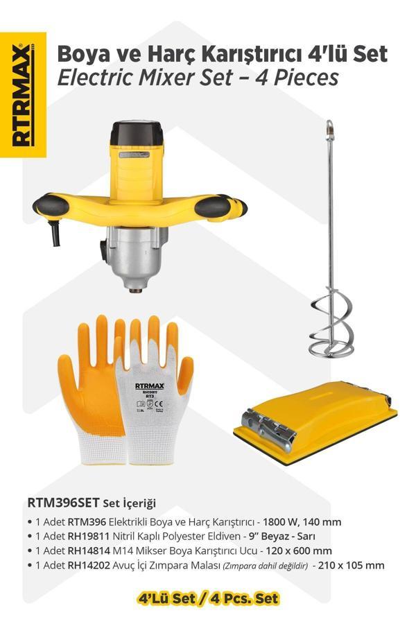 RTM3920SET Elektrikli Boya Karıştırıcı 4'lü Set - Eldiven-Boya Karıştırıcı Ucu-Zımpara Malası - Image 1