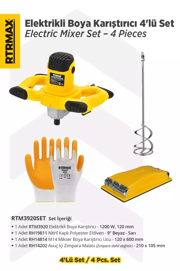 RTRMAX RTM3920SET Elektrikli Boya Karıştırıcı 4'lü Set - Eldiven-Boya Karıştırıcı Ucu-Zımpara Malası - Image 1