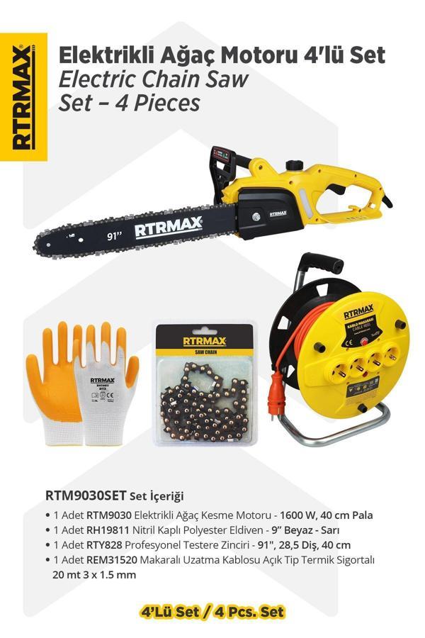 RTM9030SET Elektrikli Ağaç Kesme Motoru 4'lü Set -Eldiven-Testere Zinciri-Makaralı Uzatma Kablosu - Image 1