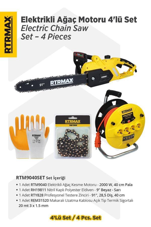 RTM9040SET Elektrikli Ağaç Kesme Motoru 4'lü Set -Eldiven-Testere Zinciri-Makaralı Uzatma Kablosu - Image 1