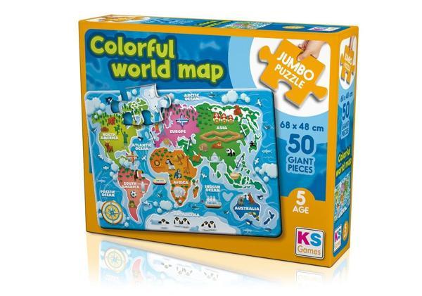 Eğitici Oyuncak KS Jumbo Puzzle 50 Parça Colorful World Map Dünya Haritası Kız Erkek Çocuk Eğiticil - Image 1