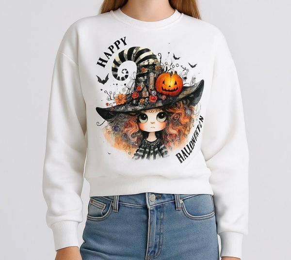 Kız Çocuk Halloween Baskılı Üç İplik Kumaş Sweatshirt - Image 1