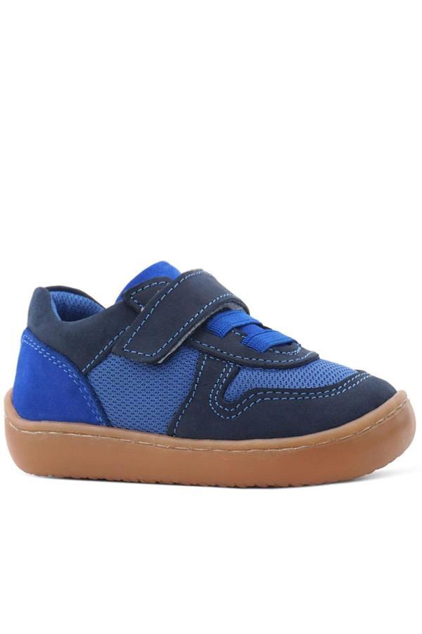 Rakerplus Bob Hakiki Deri Lacivert Mavi Barefoot Cırtlı Lastikli Bebek Sneaker Ayakkabı - Image 1
