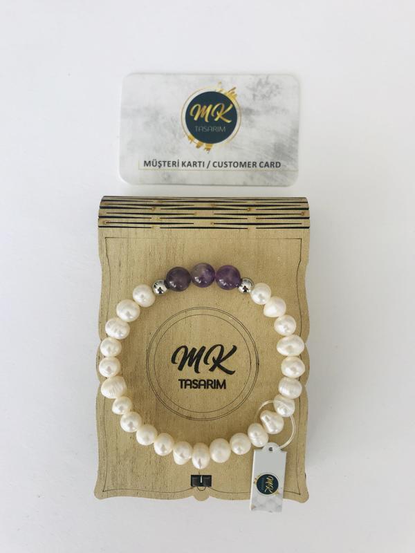 MK TASARIM GERÇEK İNCİ GERÇEK AMETİST TAŞI BİLEKLİK MKT44001 - Image 1