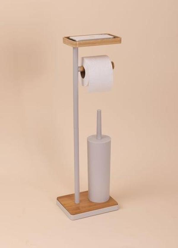 The Mia Bambu Tepsili ve Fırçalı Tuvalet Kağıdı Standı Gri GLV0761 - Image 1