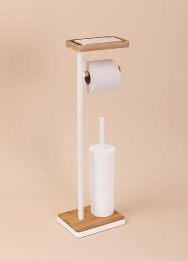 The Mia Bambu Tepsili ve Fırçalı Tuvalet Kağıdı Standı Beyaz GLV0760 - Image 1