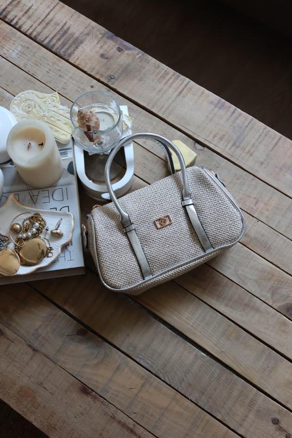 Silver  Hasır Doku Çift Şeritli El Omuz Çantası - Image 1