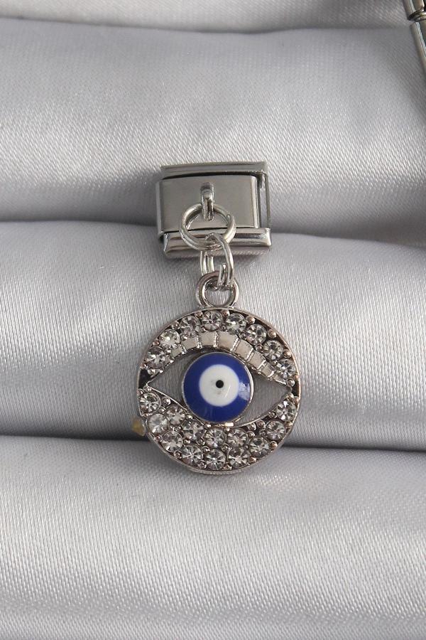 316L Çelik Gümüş Renk Sallantı Zirkon Taşlı Göz Model Nazar Boncuk Detay Nomination Charm - Image 1