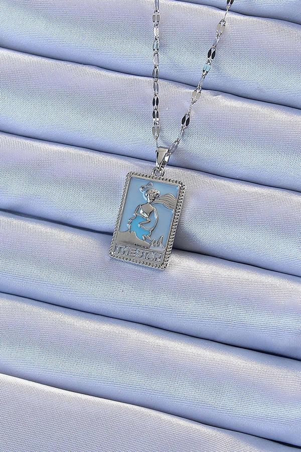 316L Çelik Zincir Gümüş Renk Mavi Mineli Tarot Kolye - Image 1