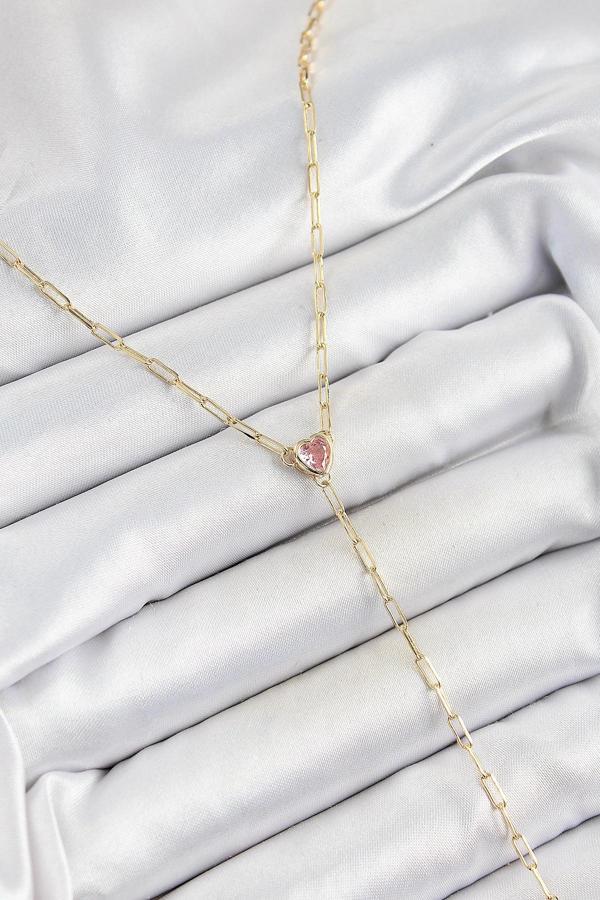 Pirinç Zirkon Taşlı Pembe Kalp Figürlü Y Model Gold Renk Kadın Kolye - Image 1