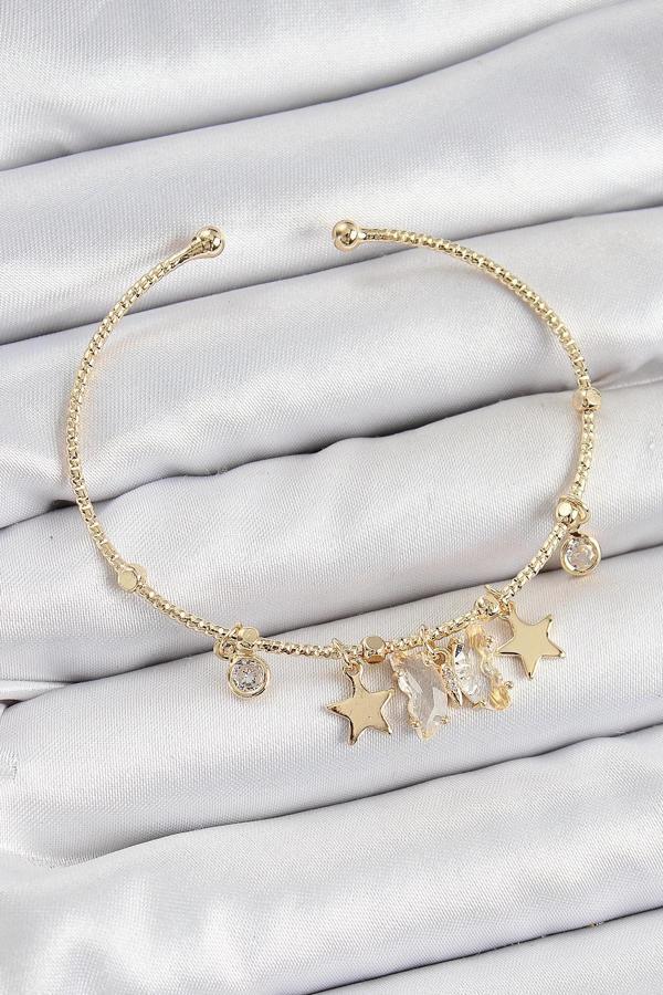 Pirinç Zirkon Taşlı Kelebek Ve Yıldız Model Gold Renk Charm Bileklik - Image 1