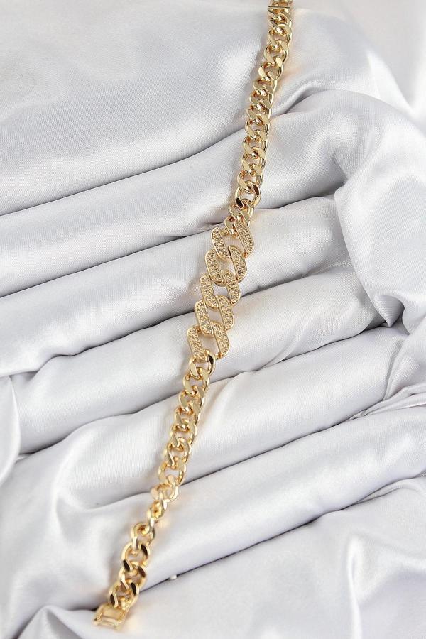 Pirinç Zirkon Taşlı Ezme Küba Zincir Model Gold Renk Kadın Bileklik - Image 1