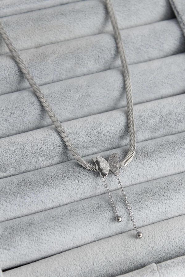 316L Çelik Gümüş Renk İtalyan Zincir Model Simli Kelebek Figür Kadın Kolye - Image 1