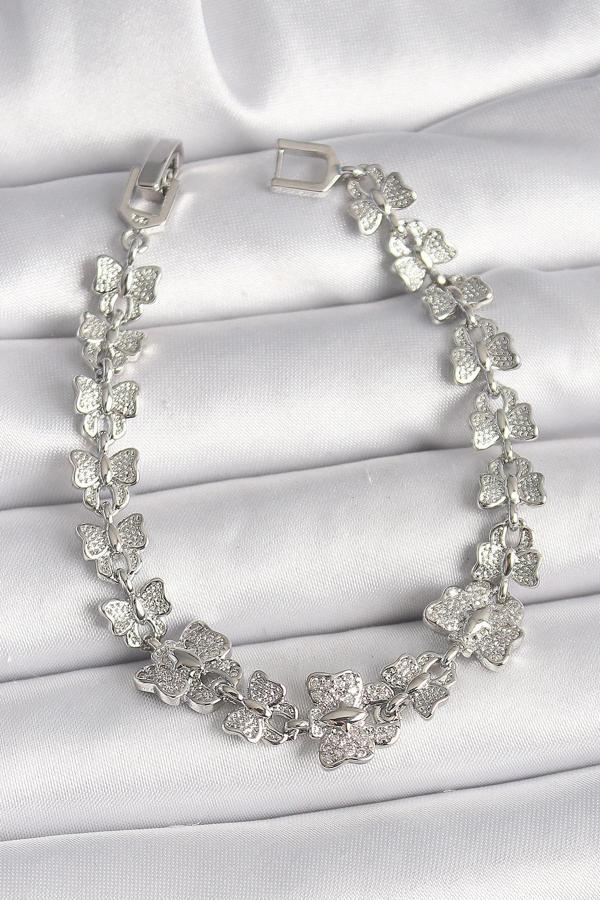 Pirinç Gümüş Renk Zirkon Taşlı Kelebek Model Zincir Kadın Bileklik - Image 1