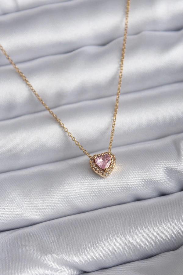 316L Çelik Zincir Gold Renk Pembe Zirkon Taşlı Charm Kadın Kolye - Image 1