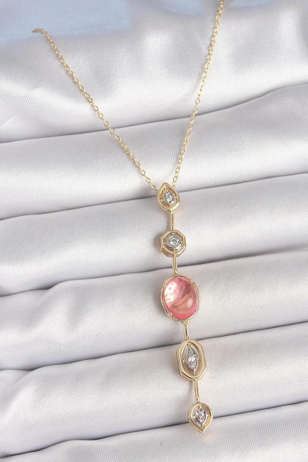 Pirinç Zincir Pembe Gold Renk Zirkon Taşlı Y Kolye - Image 1