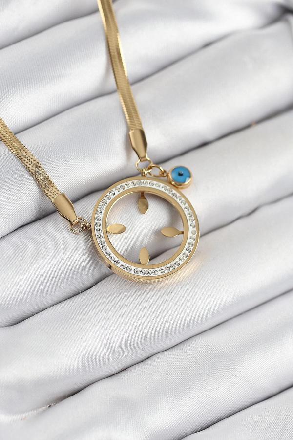 316L Çelik Zirkon Taşlı Çeyrek Takılabilir Gold Renk Kadın Kolye - Image 1