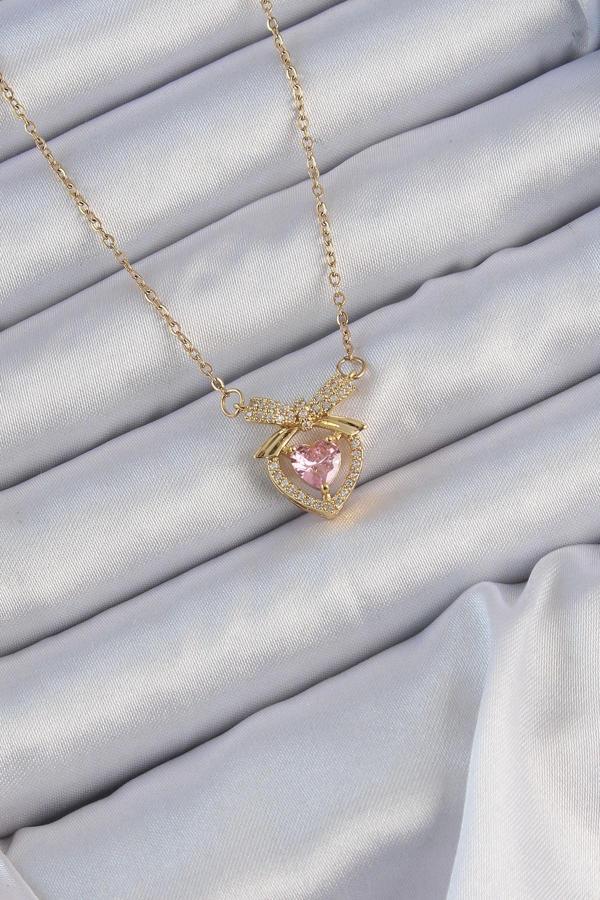 316L Çelik Zincir Altın Renk Pembe Zirkon Taşlı Fiyonklu Kalp Kolye - Image 1