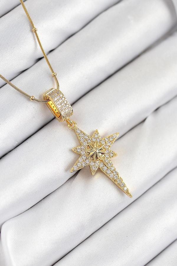 316L Çelik Zirkon Taşlı Kutup Yıldızı Model Gold Renk Kadın Kolye - Image 1