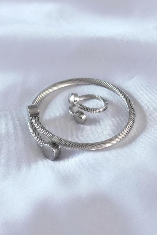 Çelik Gümüş Renk Sıkı Burgu Model Erkek Bileklik Yüzük Seti - Image 1