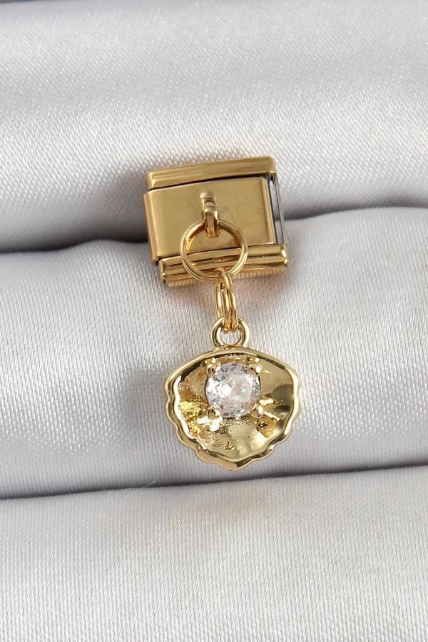 316L Çelik Sallantılı Zirkon Taşlı İstiridye Model Gold Renk Nomination Charm - Image 1