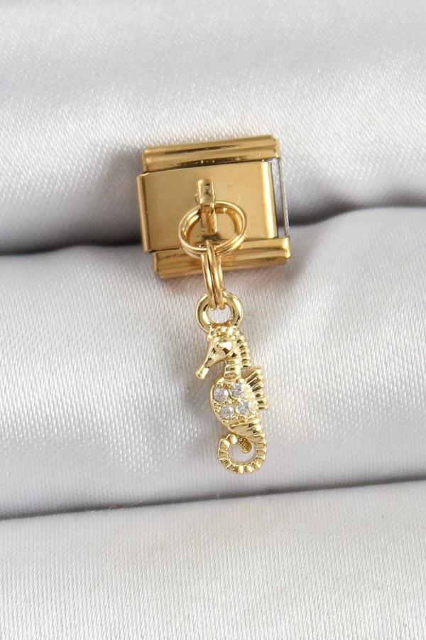 316L Çelik Sallantılı Zirkon Taşlı Çiçek Model Gold Renk Nomination Charm - Image 1