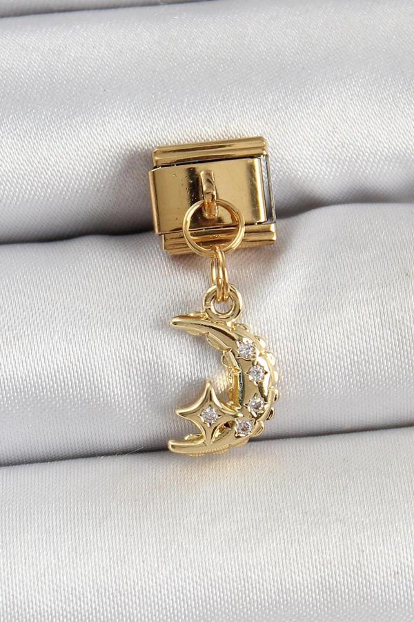 316L Çelik Sallantılı Zirkon Taşlı Ay Model Gold Renk Nomination Charm - Image 1