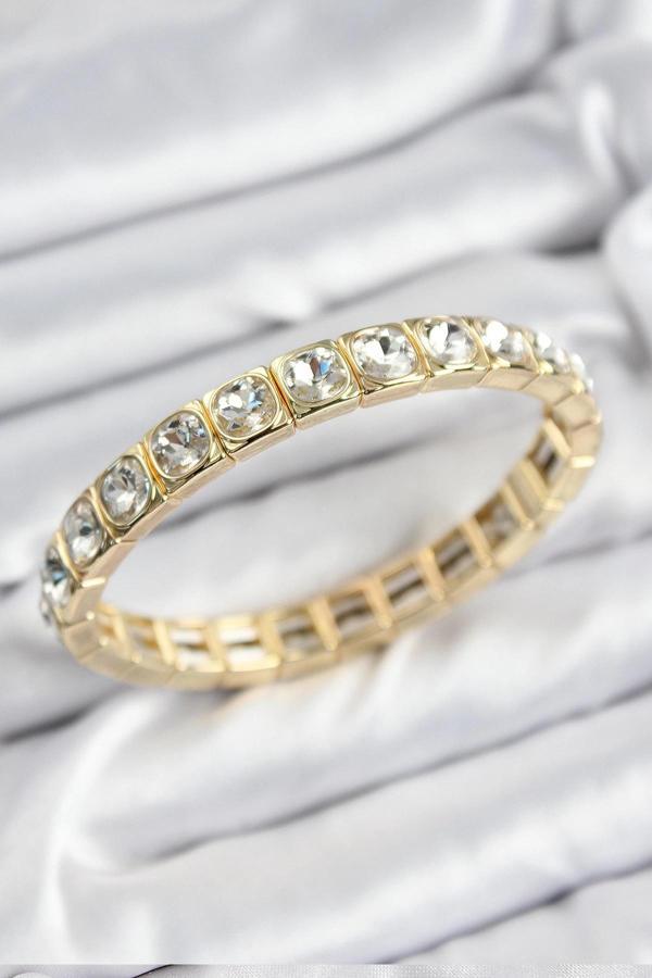 Pirinç Zirkon Taşlı Kare Model Gold Renk Lastikli Kadın Bileklik - Image 1