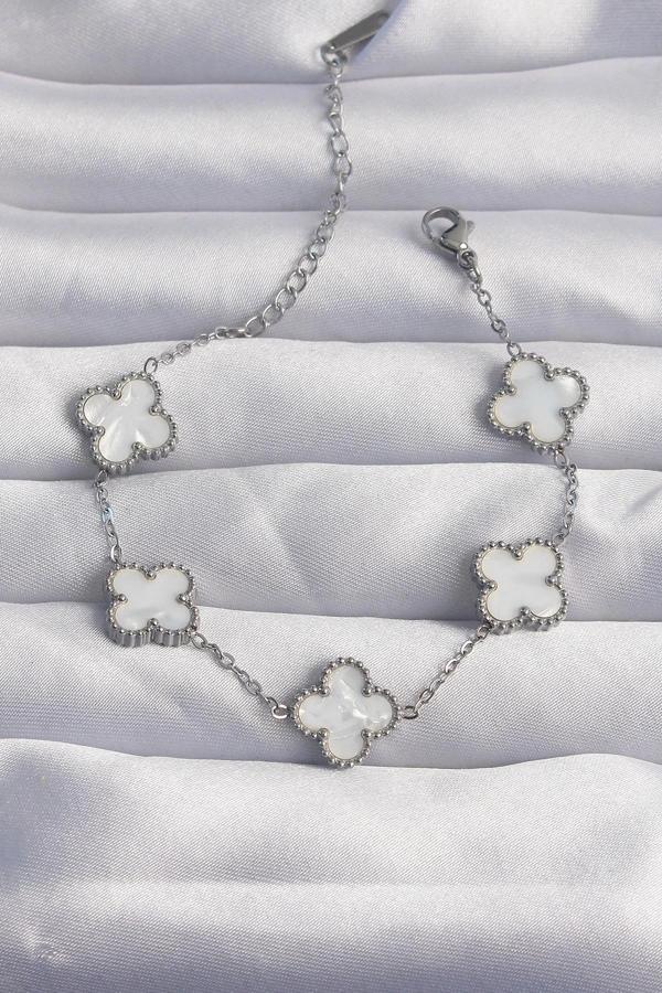 316L Çelik Gümüş Renk Beyaz Sedefli Yonca Bileklik - Image 1