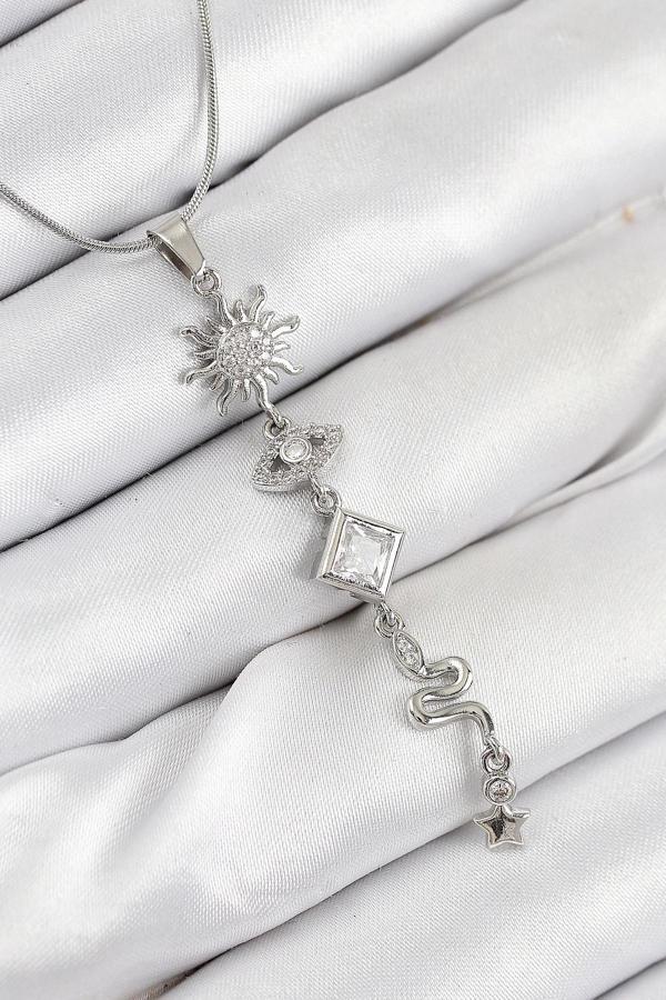 316L Çelik Zirkon Taşlı Güneş Ve Ay Enerji Model Gümüş Renk Kadın Kolye - Image 1