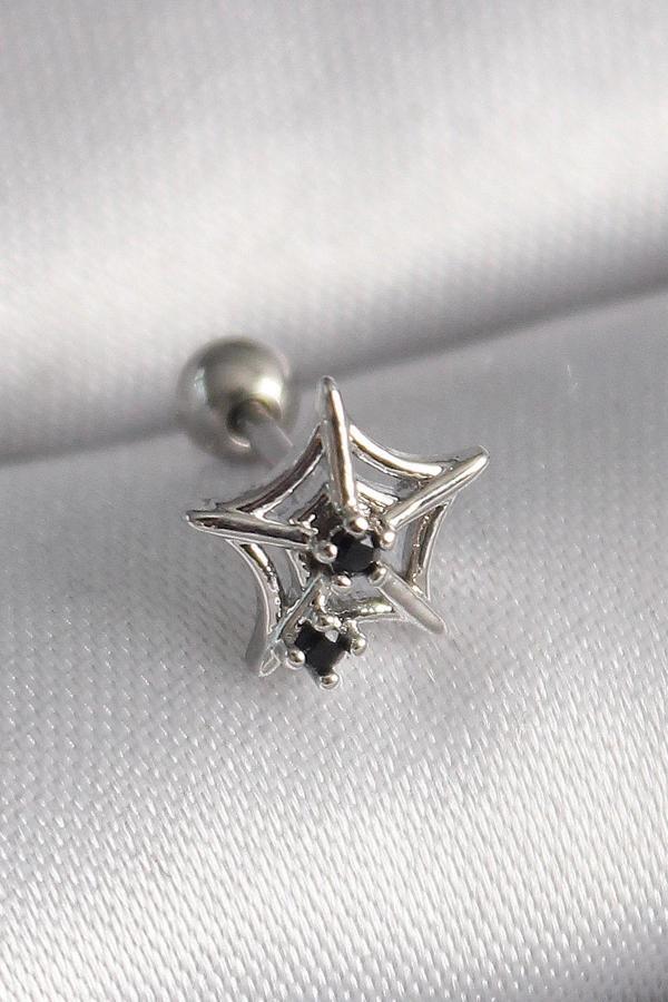 316L Çelik Gümüş Renk Siyah Zirkon Taş Detay Örümcek Ağ Model Tragus Piercing - Image 1