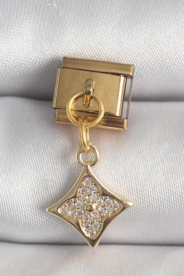 316L Çelik Gold Renk Sallantı Zirkon Taşlı Çiçek İşlemeli Nomination Charm - Image 1