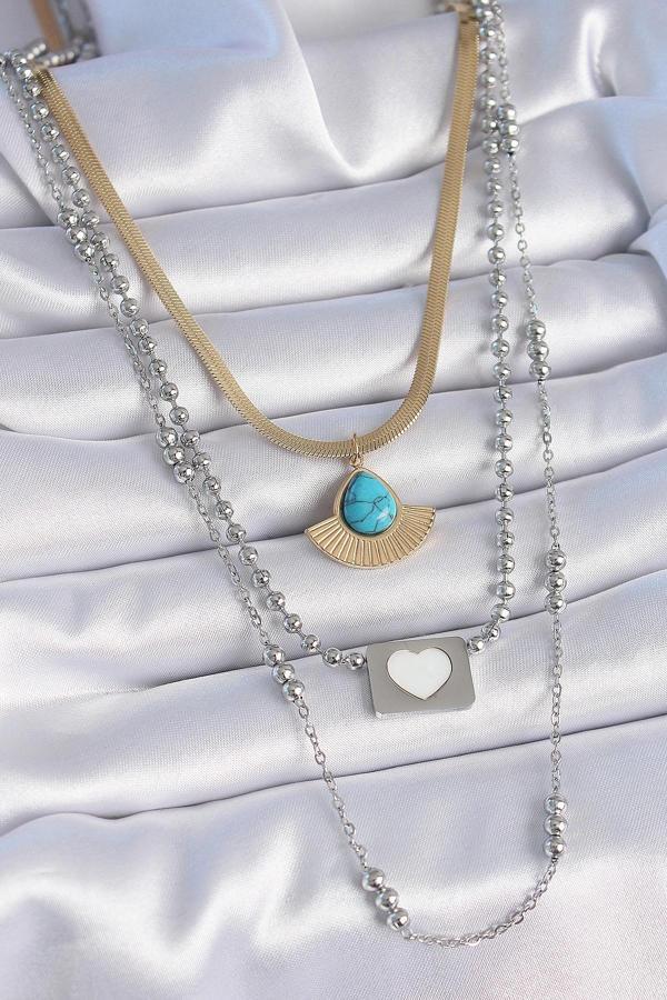 316L Çelik Mix Renk 3'lü Zincir Damla Madalyon Figür Uzun Kadın Kolye - Image 1