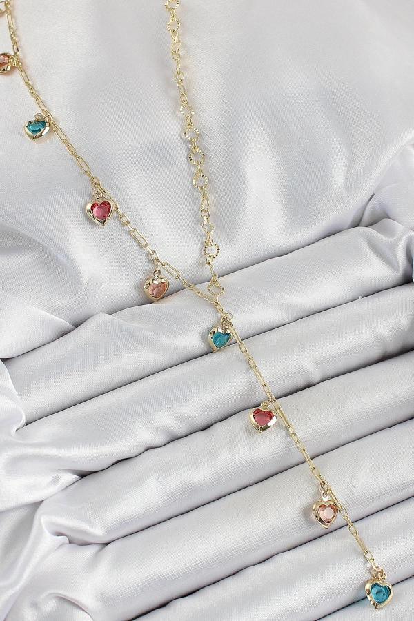 Pirinç Asorti Kalp Model Gold Renk Zirkon Taşlı Y Kolye - Image 1