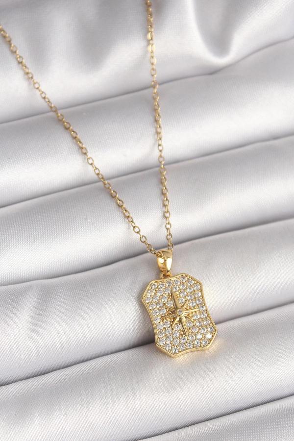 316L Çelik Gold Renk Zincir Zirkon Taşlı Kutup Yıldız İşlemeli Madalyon Model Kadın Kolye - Image 1