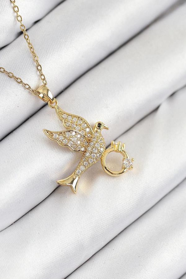 316L Çelik Zirkon Taşlı Yüzüklü Kuş Model Gold Renk Kadın Kolye - Image 1