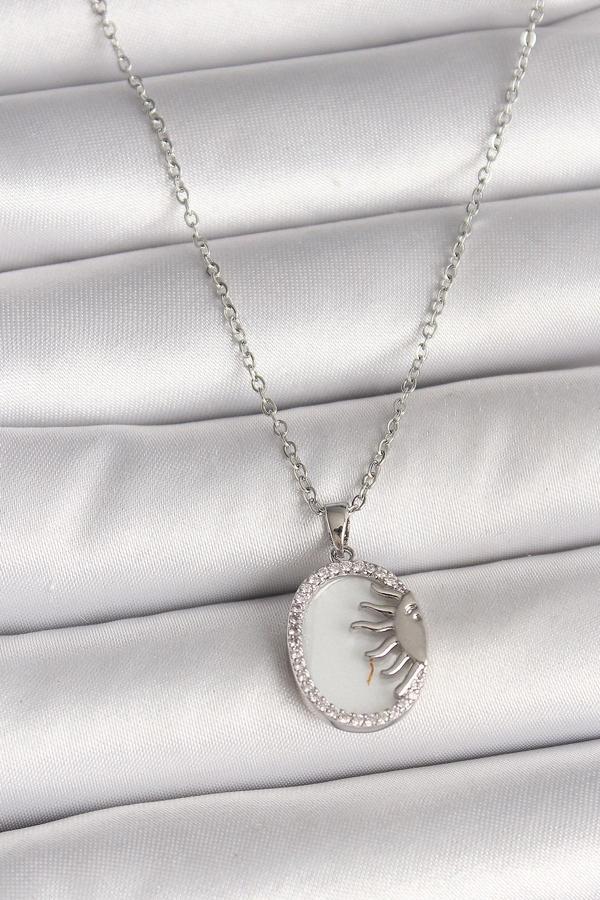 316L Çelik Gümüş Renk Zincir Beyaz Mineli Gün Batımı Model Zirkon Taş Detaylı Kadın Kolye - Image 1