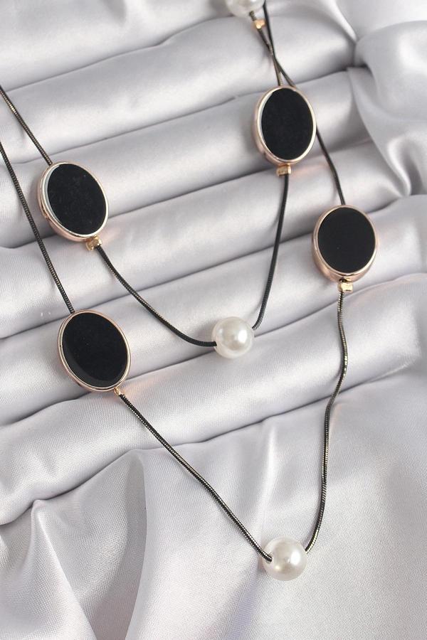 Pirinç Siyah Renk Zincir İnci Detaylı Çoklu Kadın Kolye - Image 1