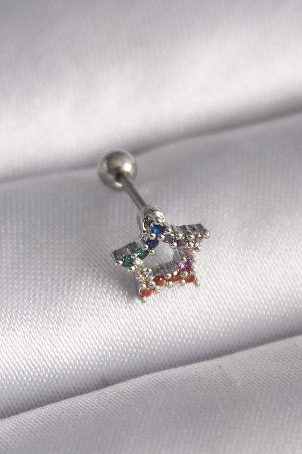 316L Çelik Gümüş Renk Renkli Zirkon Taşlı Yıldız Model Tragus Piercing - Image 1